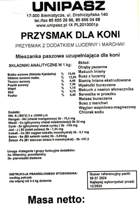 Przysmak marchwiowy dla koni 2kg Przysmak marchwiowy dla koni 2kg
